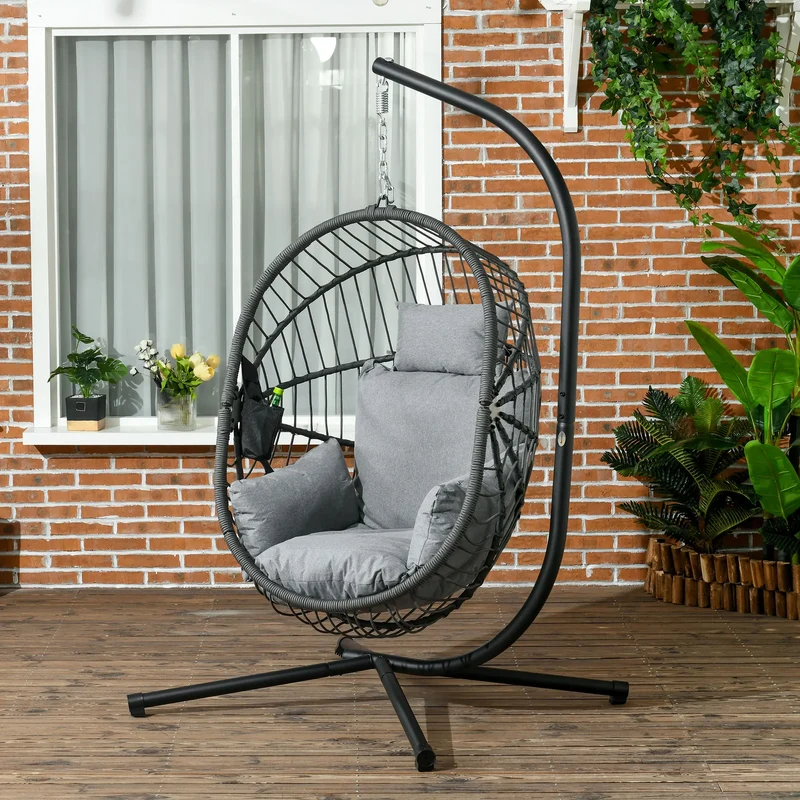 Hangstoel in Ei-vorm - Egg Hangstoel - Hangstoel Ei - Tuin Schommelstoel - met Standaard - Opvouwbare Mand - Inclusief Kussen - en Opbergvak - voor Buiten - Terrasdecoratie - Balkon - Donkergrijs