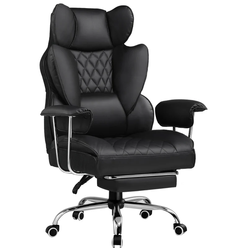 Ergonomische Bureaustoel - Gaming Stoel - Stoelen - Bureaustoelen - met Pocketvering Rugsteun -Verstelbare Voetsteun - Comfortabele Brede Zitting - 90-135° Kanteling - met Armleuningen en Wieltjes - Zwart - Leer