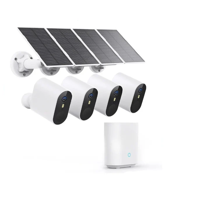 Beveiligingscamera - 5MP - Camerabewaking - Draadloos - voor Buiten - 4 Stuks - met Zonnepaneel - Nachtzicht - Humanoïde detectie - Tweerichtingsaudio - 4CH - NVR Recorder - Wit