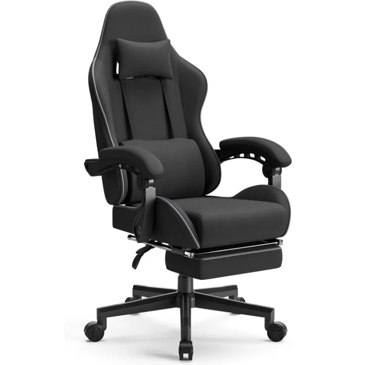 Gaming Stoel - Bureaustoel - Swivel Stoel - met Voetsteun - Hoofdsteun - Verstelbare - Rugleuning - Lendensteun - Ergonomische - Stevig - Draaibare - Stof - Zwart