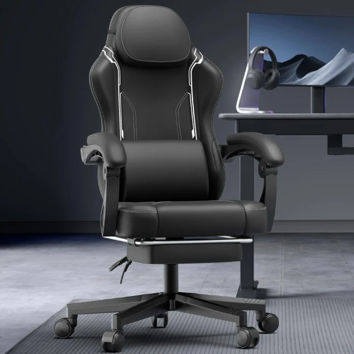 Gaming Stoel - Bureaustoel - Swivel Stoel - met Voetsteun - Hoofdsteun - Verstelbare - Rugleuning - Lendensteun - Ergonomische - Draaibare - Zwart