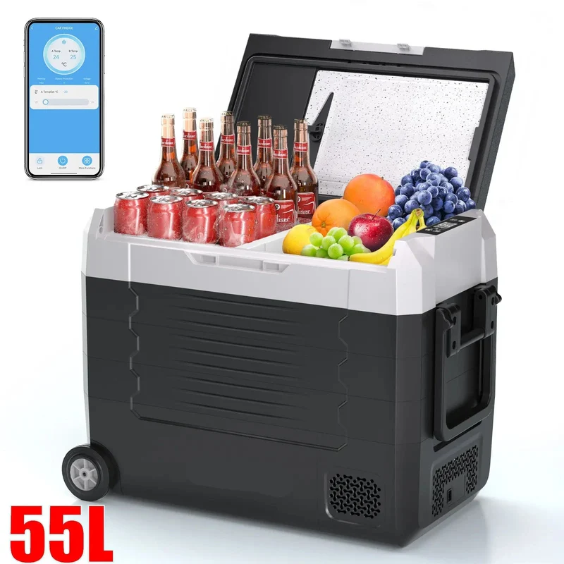 Auto Koelbox - Compressor Koelbox - Auto Koelkast - Compressor Koelkast - Frigobox - Draagbare - 55L- met Bluetooth - Dual Zone - Vriezer & Koeler - -20°C tot 20°C - 12V/24V & 230V - Met Wieltjes - voor Auto - Camper - Outdoor