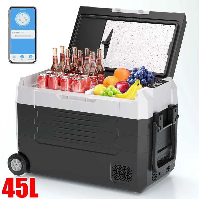 Auto Koelbox - Compressor Koelbox - Auto Koelkast - Compressor Koelkast - Frigobox - Draagbare - 45L- met Bluetooth - Dual Zone - Vriezer & Koeler - -20°C tot 20°C - 12V/24V & 230V - Met Wieltjes - voor Auto - Camper - Outdoor