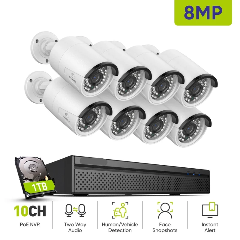 Beveiligingscamerasysteem - Camerabewaking - Beveiligingscamera - 4K Ultra HD - POE Camera Set - 8MP IP Camera's - Nachtzicht 30m - Slimme Bewegingsdetectie - Buiten & Binnen - 1TB