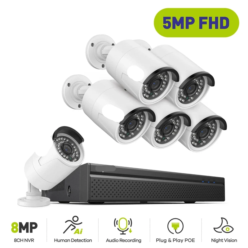 Beveiligingscamerasysteem - Camerabewaking - Beveiligingscamera - POE Camera Kit - 8CH NVR - 6 Camera's - Nachtzicht - Waterdicht - Audio & Bewegingsdetectie - 4K HDMI Output - Binnen en Buiten - Ingebouwde HDD: Geen