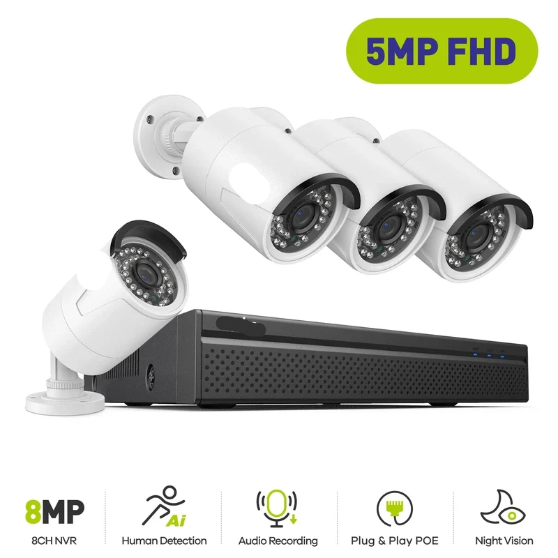 Beveiligingscamerasysteem - Camerabewaking - Beveiligingscamera - POE Camera Kit - 8CH NVR - 4 Camera's - Nachtzicht - Waterdicht - Audio & Bewegingsdetectie - 4K HDMI Output - Binnen en Buiten - Ingebouwde HDD: 2T