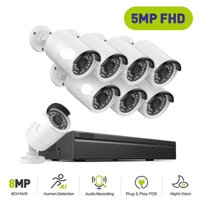Beveiligingscamerasysteem - Camerabewaking - Beveiligingscamera - POE Camera Kit - 8CH NVR - 8 Camera's - Nachtzicht - Waterdicht - Audio & Bewegingsdetectie - 4K HDMI Output - Binnen en Buiten - Ingebouwde HDD: 2T