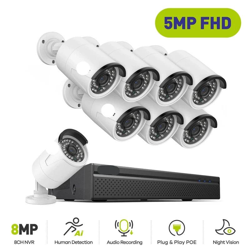 Beveiligingscamerasysteem - Camerabewaking - Beveiligingscamera - POE Camera Kit - 8CH NVR - 8 Camera's - Nachtzicht - Waterdicht - Audio & Bewegingsdetectie - 4K HDMI Output - Binnen en Buiten - Ingebouwde HDD: Geen