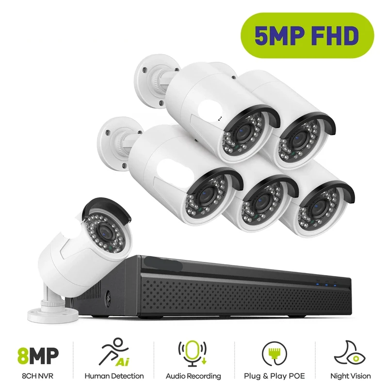 Beveiligingscamerasysteem - Camerabewaking - Beveiligingscamera - POE Camera Kit - 8CH NVR - 6 Camera's - Nachtzicht - Waterdicht - Audio & Bewegingsdetectie - 4K HDMI Output - Binnen en Buiten - Ingebouwde HDD: 2T