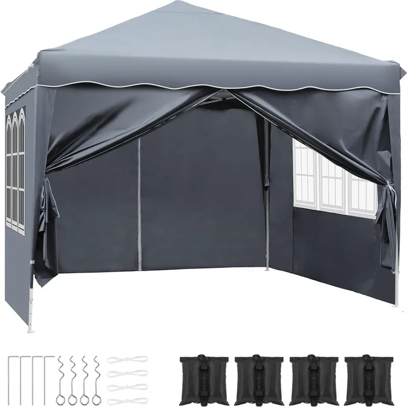 Paviljoen - Tuinpaviljoen - Partytent - Tuintent - Pop-up Kliksysteem - Stabiel - Vouwtent - met 4 zijpanelen - Opvouwbaar - Waterdicht - Hoogte Verstelbaar - 50+UV-Bescherming - voor Tuin - Buiten - Achtertuin - 240D Oxford - 3 x 3 m - Grijs