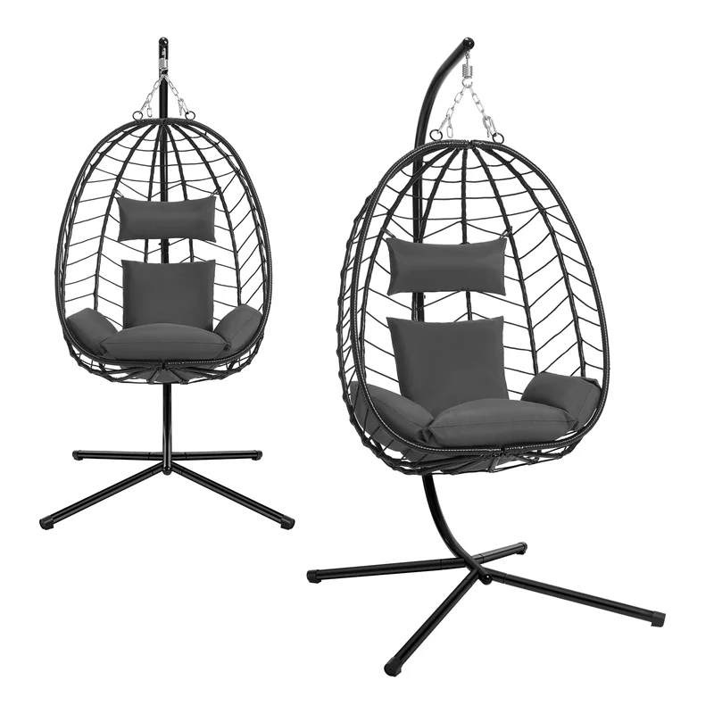 Schommelstoel - Hangende Ei-stoelen - Hangmat -Headrest - met Metalen Standaard - Zitkussen - Draagvermogen 150 kg - voor Tuin - Balkon - Terrasdecoratie - 102 x 100 x 196 cm - Donkergrijs