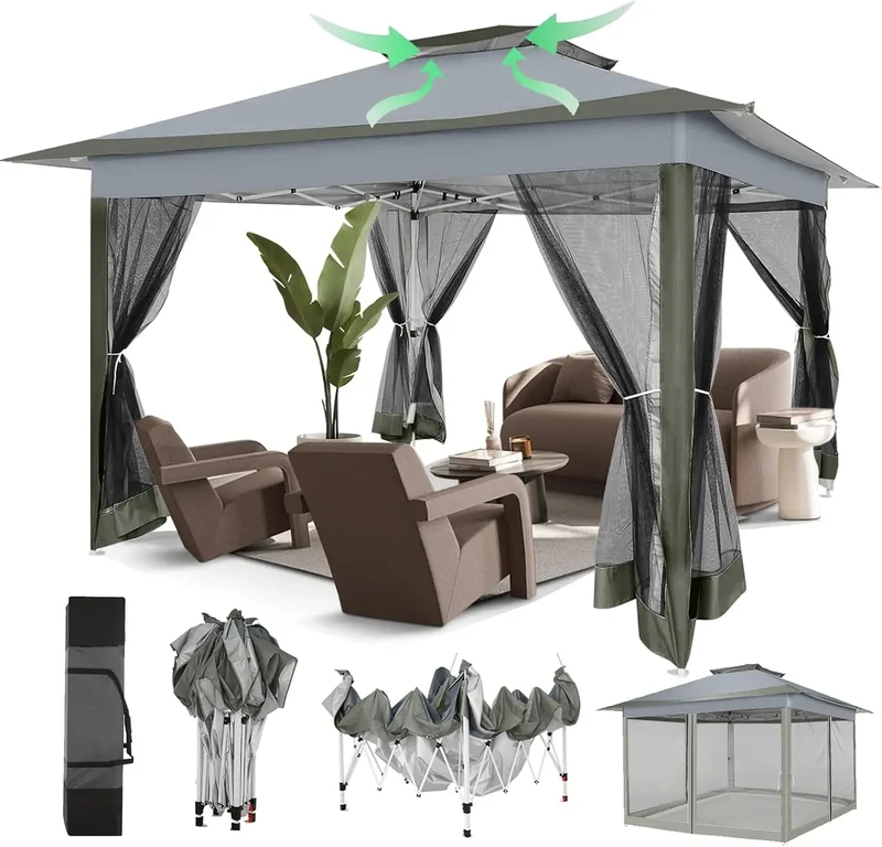 Prieel - Tuinprieel - Partytent - Tuintent - Pop-up Prieel - Stabiel - Vouwtent - met Muggengaas - Opvouwbaar - Waterdicht - Hoogte Verstelbaar - 50+UV-Bescherming - voor Tuin - Buiten - Achtertuin - Oxford-stof - 3 x 3 m - Donkergrijs