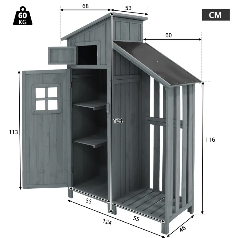 Houten Tuinkast - Buitenkast - Gereedschapsschuur - Gereedschapskast - Gereedschapshuisje - met Schappen - Waterdicht Tuinhuisje - 124x46x174 cm - Voor Balkon - Tuin - en Terras - Grijs