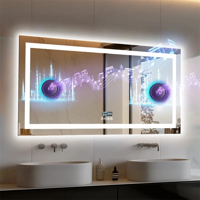 Badkamerspiegel - met LED - Spiegel - Smart Spiegel - Badkamerspiegel met Verlichting - Anti-fog - Dimbaar - Backlit + Front Lit - Digitale Weergave - met Bluetooth - Wandmontage - Waterdicht - Energiezuinig - 1400x700mm