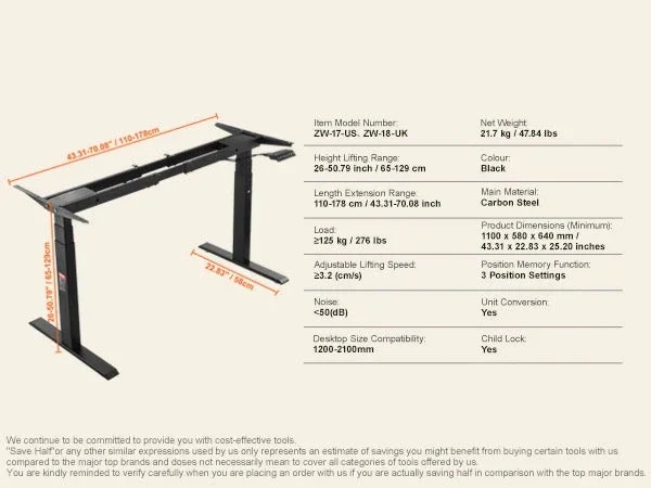 Elektrisch Zit-Sta Bureauframe - Verstelbaar Bureau Onderstel - Staand Bureauframe - Bureauonderstel - Hoogte Verstelbaar - 64-129cm - met Geheugenfunctie - voor Buro - Bureau Poten - Bureautafel - Burotafel - Zwart