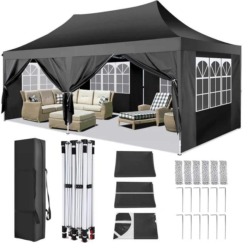 Paviljoen - Tuinpaviljoen - Partytent - Tuintent - Pop-up Kliksysteem - Stabiel - Vouwtent - met 6 Zijwanden - Opvouwbaar - Waterdicht - Winterbestendig - 50+UV-Bescherming - voor Tuin - Buiten - Achtertuin - 3 x 6 m - Zwart