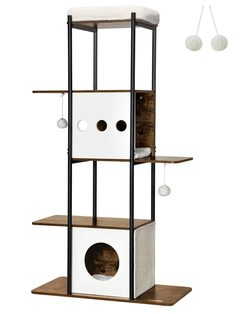 Krabpaal - Kattentoren - met Krabmat - Groot Platform - Perfect voor Een Dutje Doen - Sporten - Spelen - Spaanplaat - Zacht pluche - 80 x 40 x 153 cm - Bruin/Wit