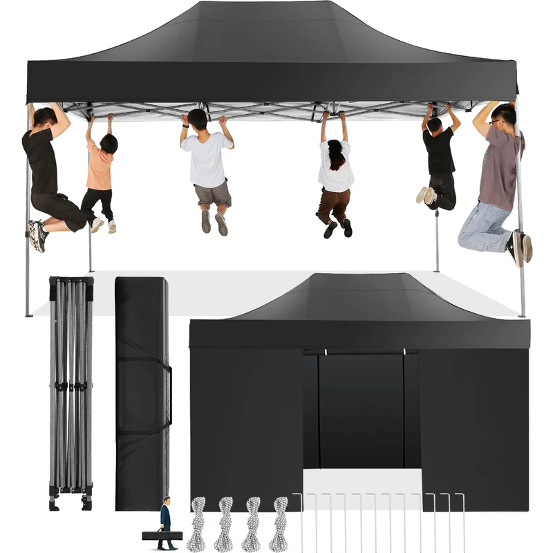 Tuinpaviljoen – Partytent – Inklapbaar Tuinhuisje – Overkapping – Beschutting – Waterdicht Polyester – Staal Frame - 3x4.5m - Zwart