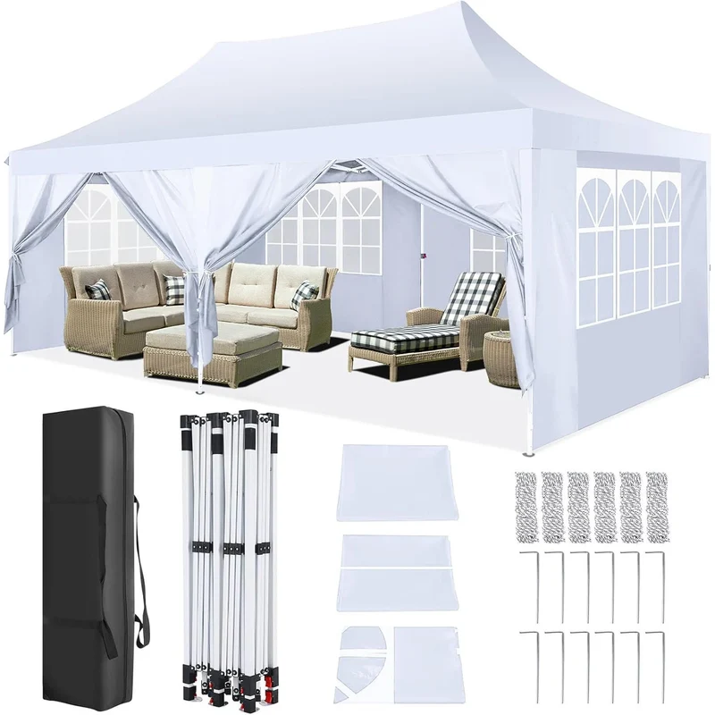Paviljoen - Tuinpaviljoen - Partytent - Tuintent - Pop-up Kliksysteem - Stabiel - Vouwtent - met 6 Zijwanden - Opvouwbaar - Waterdicht - Winterbestendig - 50+UV-Bescherming - voor Tuin - Buiten - Achtertuin - 3 x 6 m - Wit