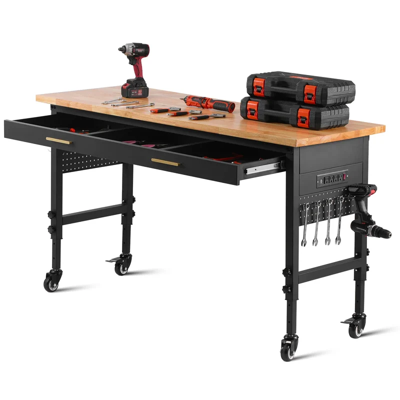 Verstelbare Werkbank - Werktafel - Industriële Werkbank - met Wielen - en Lade - 60x24inch - 1500lbs - met Wielen - en Lade - Houten Werktafel - Hoogte Verstelbaar - Pegboard & Stopcontact - voor Garage - Werkplaats of Kantoor
