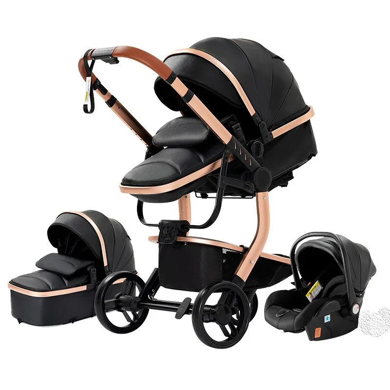3-in-1 Opvouwbare Kinderwagen - Babywagen - Poussette - Buggy - Pram - Wandelwagen - PU Leren Bekleding – Inclusief Autostoel – Lichtgewicht & Multifunctioneel – Zwart