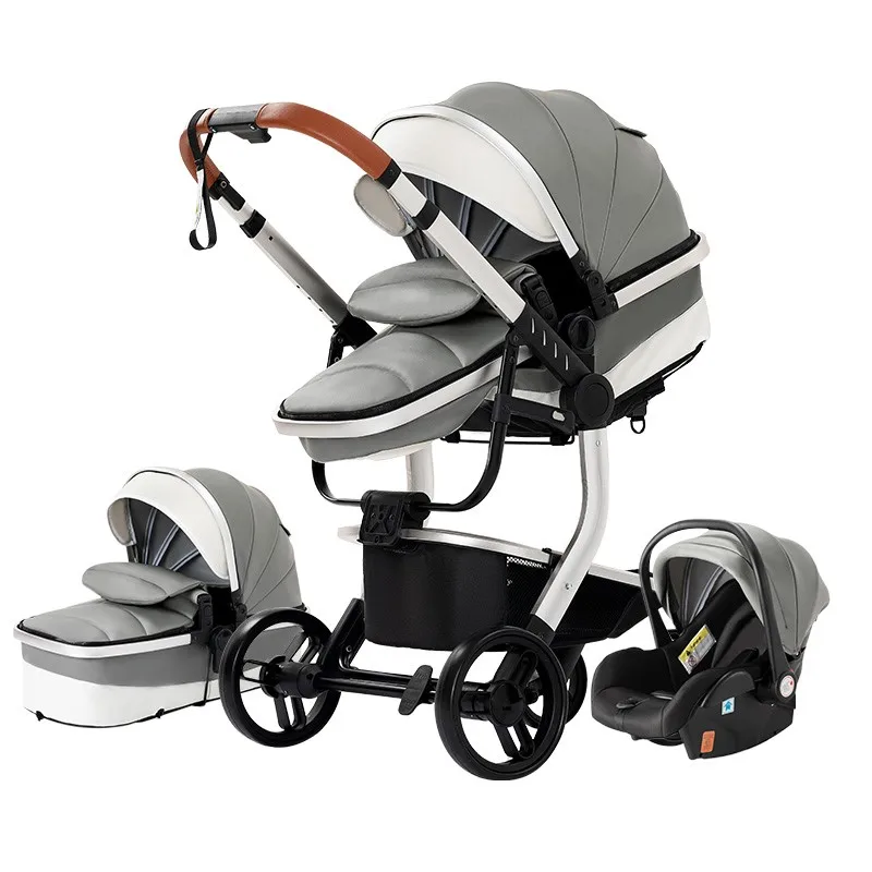 3-in-1 Opvouwbare Kinderwagen - Babywagen - Poussette - Buggy - Pram - Wandelwagen - PU Leren Bekleding – Inclusief Autostoel – Lichtgewicht & Multifunctioneel – Grijs