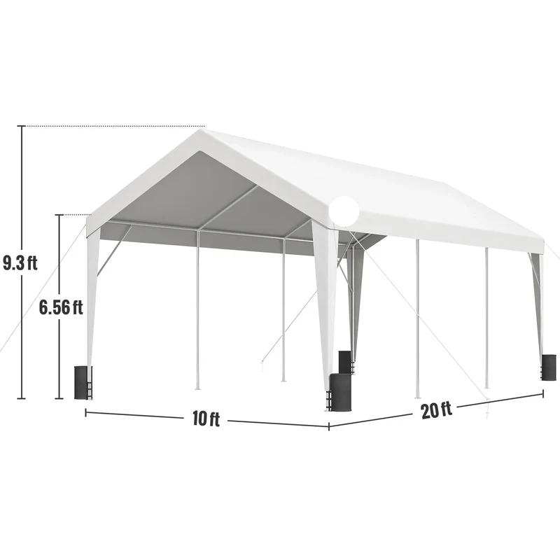 Garagetent - Partytent - Carport Tent - Tent - 10x20ft - Waterdichte - Auto Overkapping - Heavy Duty - Car Canopy - met 8 Verstevigde Palen - UV-bestendige Tarp - Stormvaste - voor Buiten - Wit