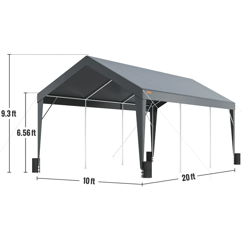 Garagetent - Partytent - Carport Tent - Tent - 10x20ft - Waterdichte - Auto Overkapping - Heavy Duty - Car Canopy - met 8 Verstevigde Palen - UV-bestendige Tarp - Stormvaste - voor Buiten - Grijs