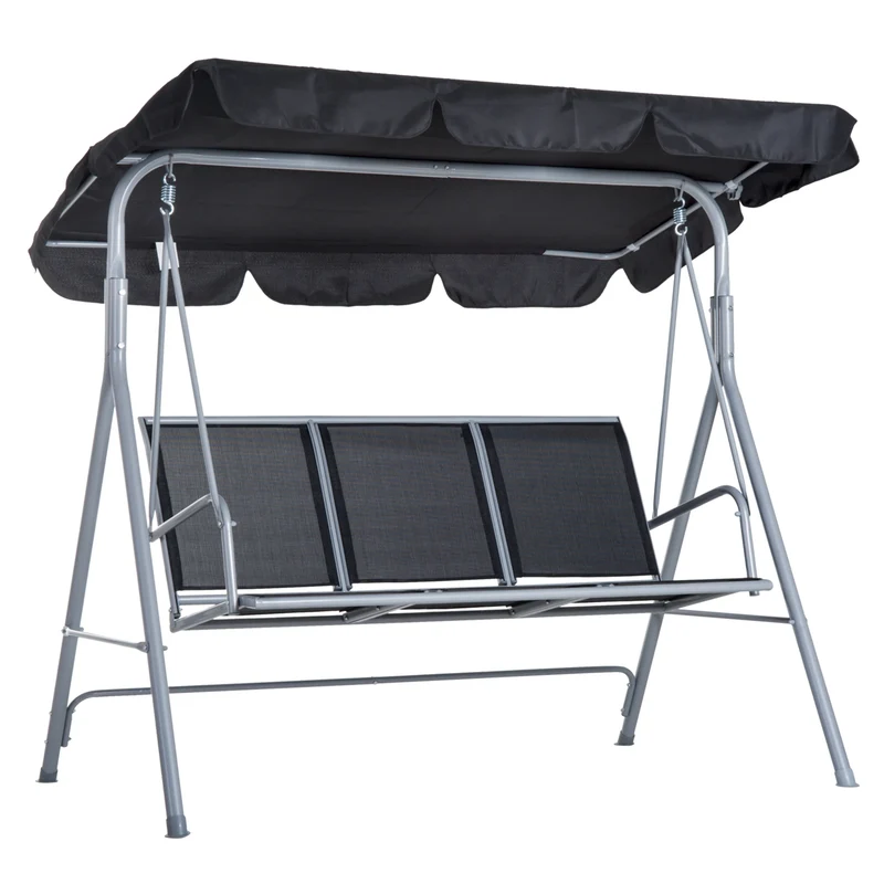 Tuinschommel - Schommelbank - Hangbank - 3 Persoons - Verstelbare Rugleuning - en Zonnescherm - 240kg Draagkracht - Ademend Textilene - Weerbestendig - Metalen Frame - Outdoor - 171x108x154 cm - voor Balkon - Tuin of Terras - Zwart
