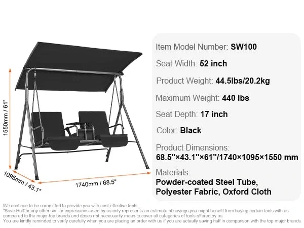 Schommelbank - Schommelbanken - Tuinschommel - Hangbank - 3 Persoons - met Verstelbaar Zonneluifel - 528 kg Draagkracht - Tuinmeubelen - Weerbestendig Staal - Outdoor - Swing Stoel - voor Balkon - Tuin of Terras - Zwart