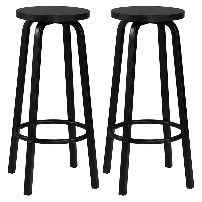 Set van 2 Barstoelen - Barkruk - Barstoel - Barkrukken - MDF Zitting & Metalen Poten - Geschikt voor Ontbijtbar, Keuken & Horeca - Ronde - Zwart