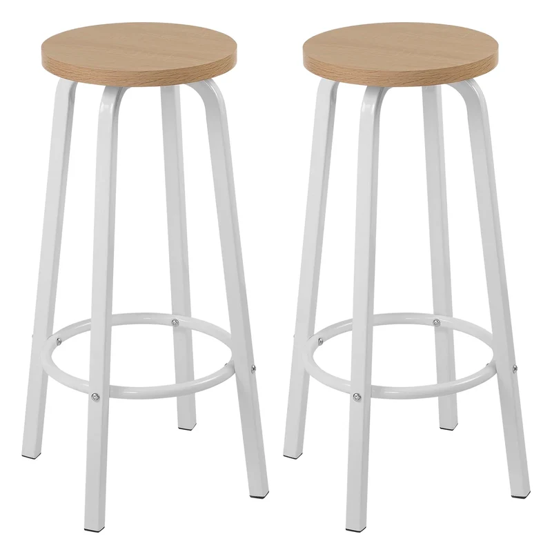 Set van 2 Barstoelen - Barkruk - Barstoel - Barkrukken - MDF Zitting & Metalen Poten - Geschikt voor Ontbijtbar, Keuken & Horeca - Ronde - Licht Eiken