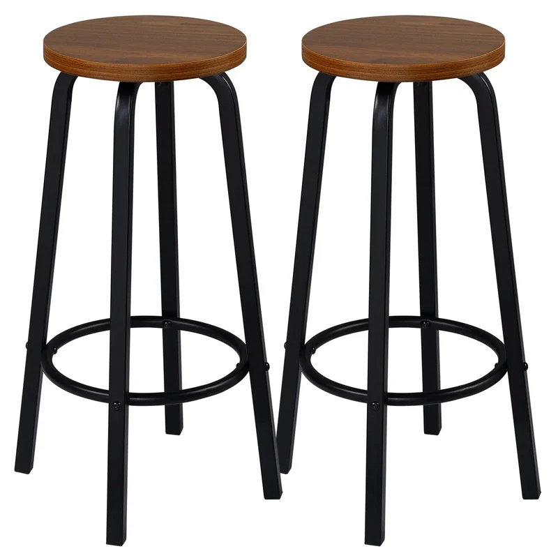 Set van 2 Barstoelen - Barkruk - Barstoel - Barkrukken - MDF Zitting & Metalen Poten - Geschikt voor Ontbijtbar, Keuken & Horeca - Ronde - Donker Beuken