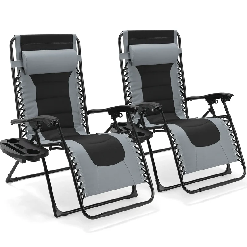 Gevoerde Opvouwbare Loungestoel - Tuinstoel - Ligstoelen Buiten - Tuinstoelen - 160kg Draagvermogen - Verstelbare Hoofdsteun & Bekerhouder - Set van 2 - Grijs
