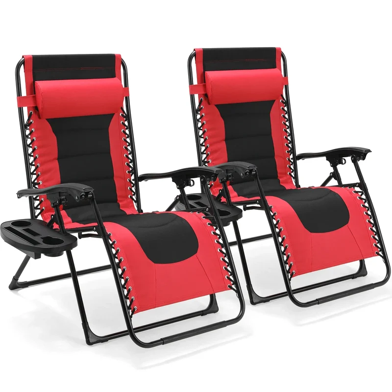 Gevoerde Opvouwbare Loungestoel - Tuinstoel - Ligstoelen Buiten - Tuinstoelen - 160kg Draagvermogen - Verstelbare Hoofdsteun & Bekerhouder - Set van 2 - Rood