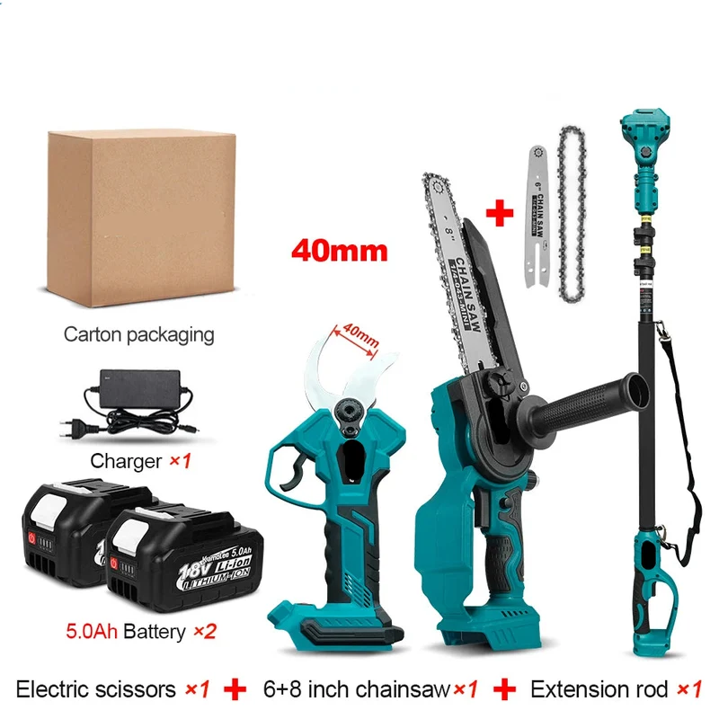 40mm Snoeischaar - Takkenschaar - Tuingereedschap - Snoeizaag - Borstelloos & Draadloos - Inclusief 6 + 8inch Kettingzaag - Takkenzaag - Handzaag - Efficiënte Elektrische Pruner voor Bomen & Bonsai – met 2x5.0Ah Batterij