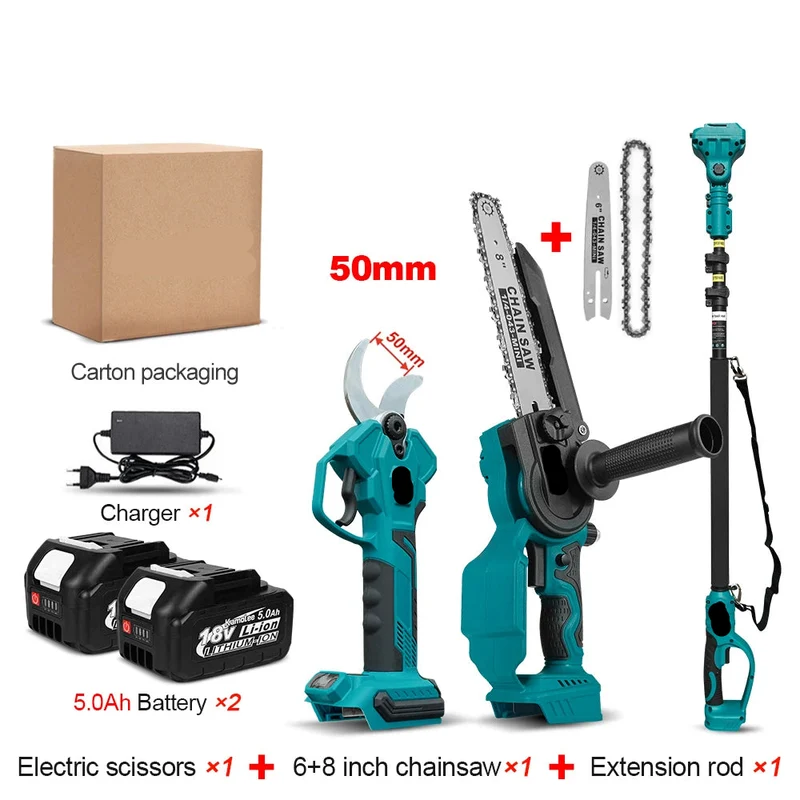 50mm Snoeischaar - Takkenschaar - Tuingereedschap - Snoeizaag - Borstelloos & Draadloos - Inclusief 6 + 8inch Kettingzaag - Takkenzaag - Handzaag - Efficiënte Elektrische Pruner voor Bomen & Bonsai – met 2x5.0Ah Batterij