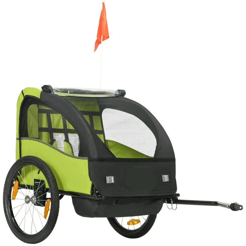 Fietskar voor Kinderen - Fietstrailer - Kinderfietskar - Fietsaanhanger - 2-Zits – 140x88x90 cm – Geschikt voor 18+ Maanden – Veilig & Comfortabel - Kids trailer voor twee personen - Groen