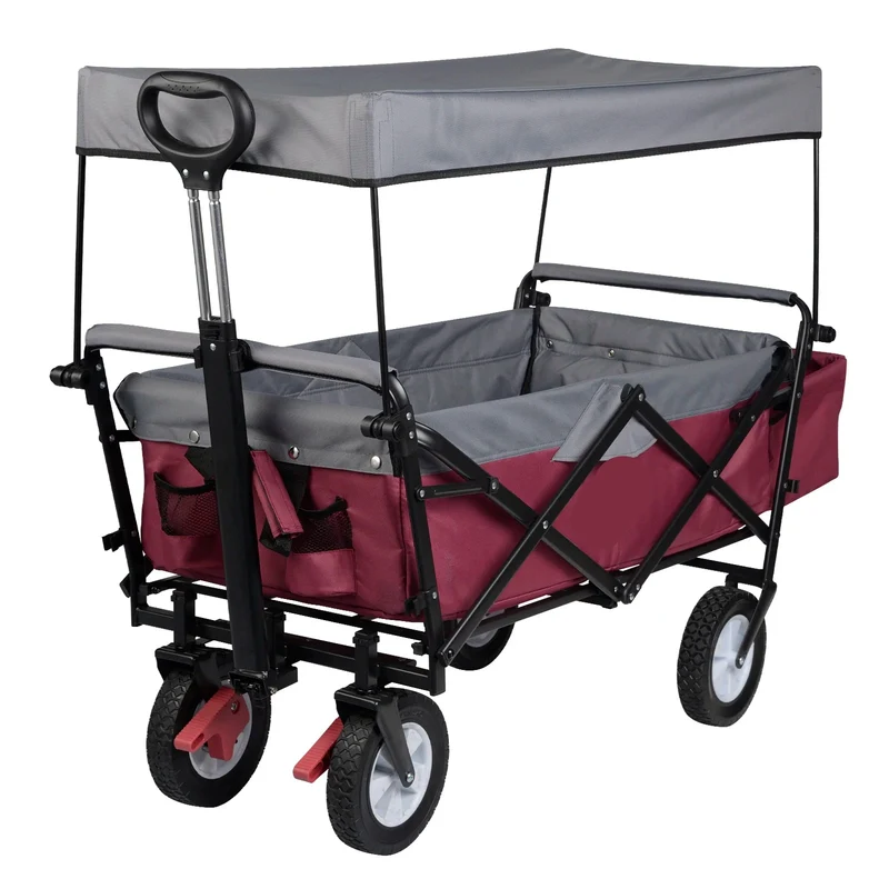 Bolderkar - Tuinwagen - Opvouwbare Bolderkarren - Tuinkarren - Kar - 80 kg Capaciteit - 100L - Met Dak, Wielen & Rem – Transportkar voor Zonbescherming, Camping & Kinderen - Fuchsia