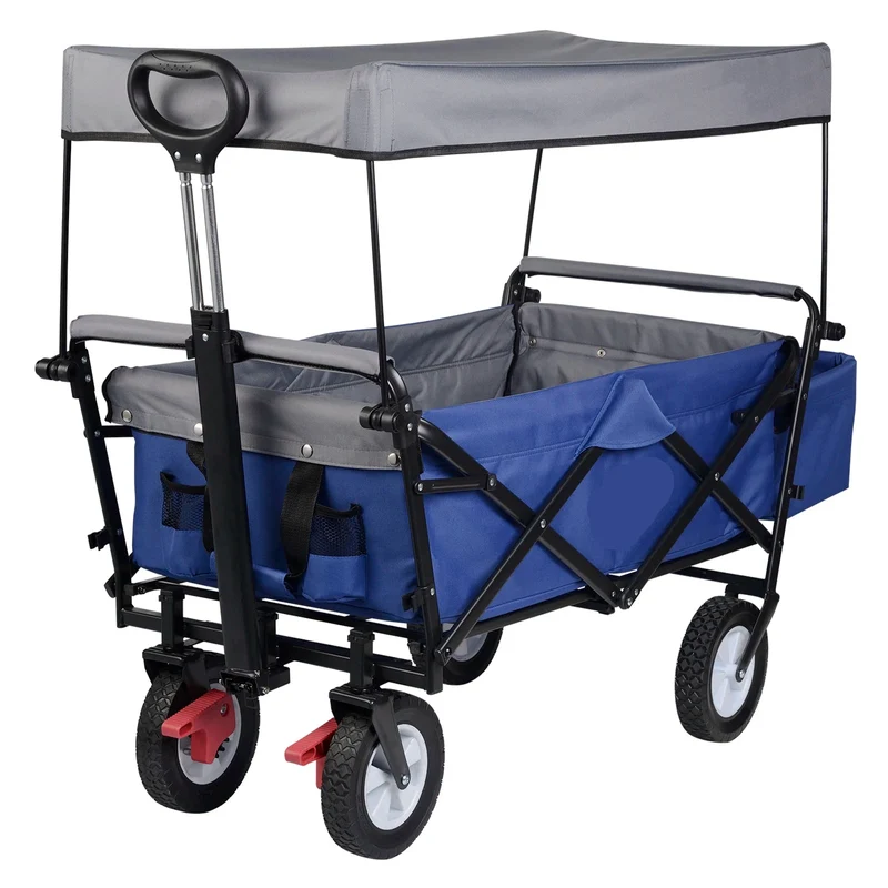 Bolderkar - Tuinwagen - Opvouwbare Bolderkarren - Tuinkarren - Kar - 80 kg Capaciteit - 100L - Met Dak, Wielen & Rem – Transportkar voor Zonbescherming, Camping & Kinderen - Blauw