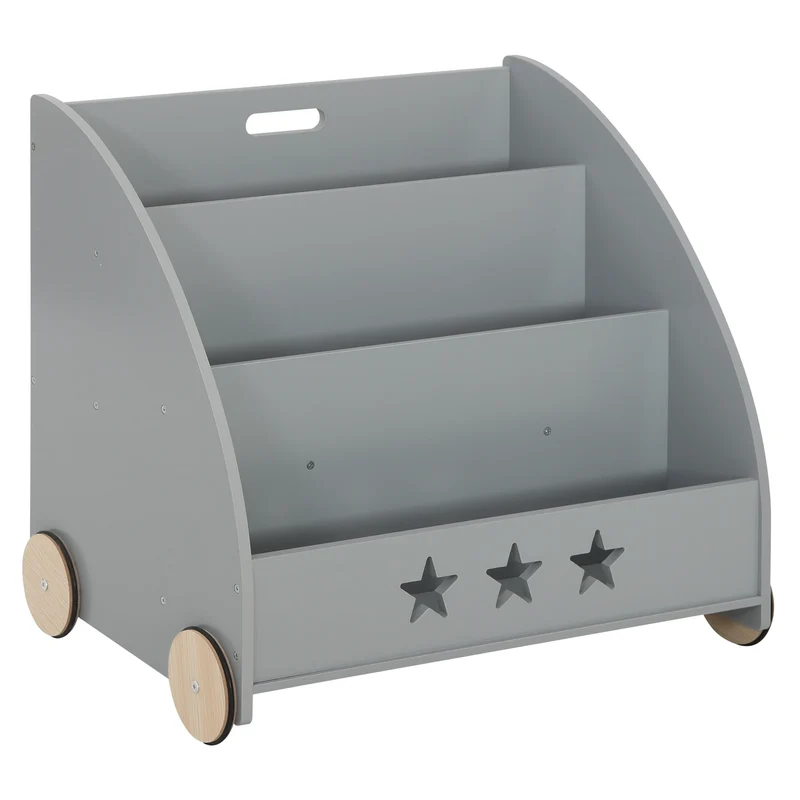 Kinderboekenkast - Boekenkast - Kinderkast - Boekenrek - met Wielen - Opbergkast met 3 Planken – Multifunctionele Organizer voor Kinderkamers - Grijs