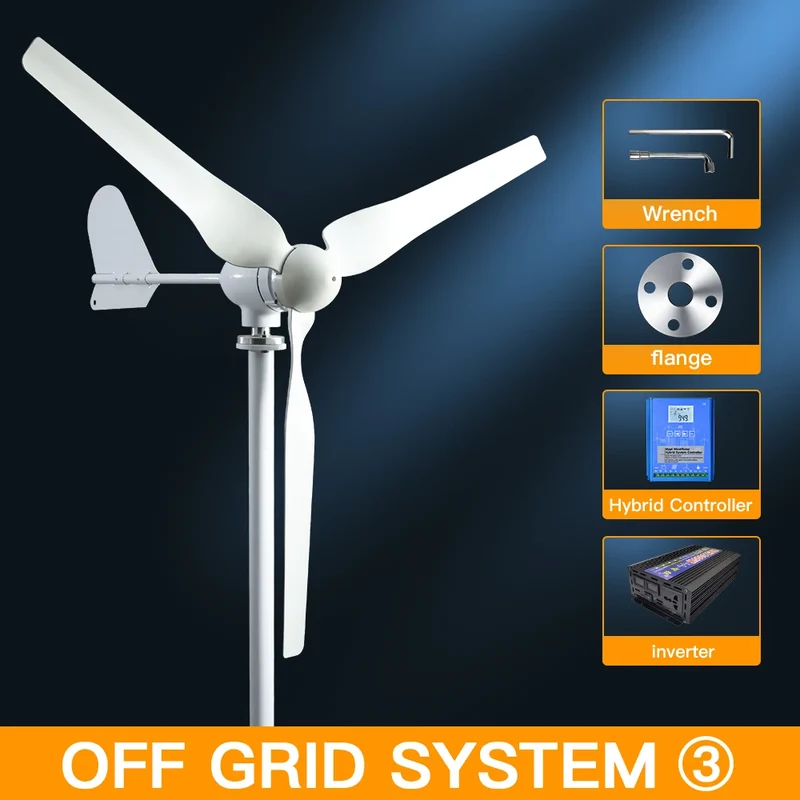 Windturbine - Windmolen - Windturbine Generator - Windenergie - 48V - 2000W - 3 Bladen - Horizontale Windmolen - met LCD Hybride Controller - Omvormer - Voor Huis – Off-Grid Systeem