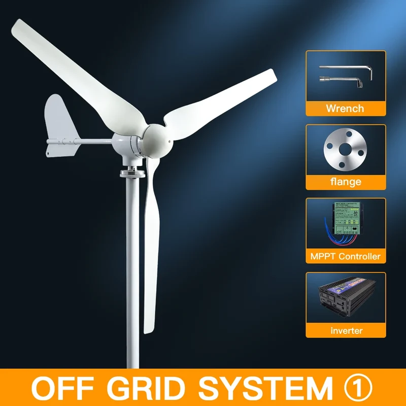 Windturbine - Windmolen - Windturbine Generator - Windenergie - 48V - 2000W - 3 Bladen - Horizontale Windmolen - met MPPT Controller - Omvormer - Voor Huis – Off-Grid Systeem