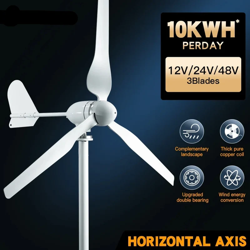 Windturbine - Windmolen - Windturbine Generator - Windenergie - 12V - 2000W - 3 Bladen - Horizontale Windmolen - met MPPT Controller - Voor Huis – Off-Grid Systeem
