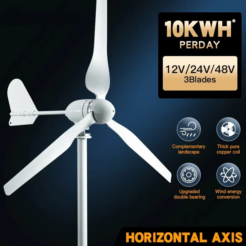 Windturbine - Windmolen - Windturbine Generator - Windenergie - 24V - 2000W - 3 Bladen - Horizontale Windmolen - met MPPT Hybride Controller - Omvormer - Voor Huis – Off-Grid Systeem