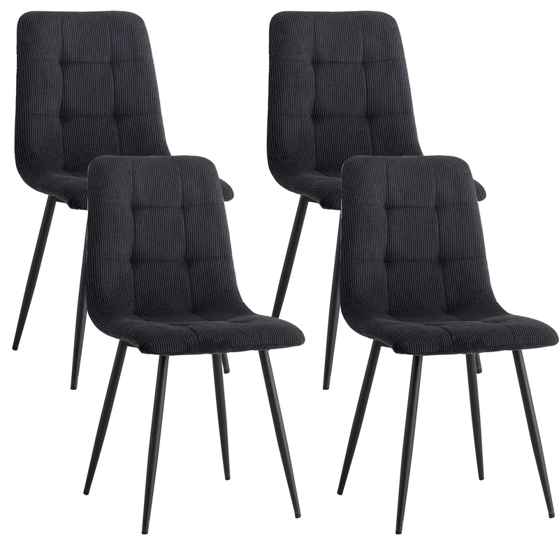 Eetkamerstoelen - Eetstoelen - Keukenstoelen - Set van 4 - Ergonomische - met Rugleuning - Voor Keuken - Eetgedeelte - Corduroy Stof - Metalen Poten - 43 x 44 x 99.5 cm - Zwart