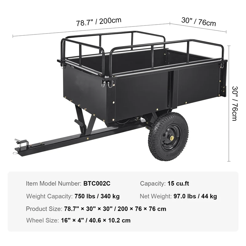 Trekhaak Tuinkar - Kar - Transportwagen - Tandem Trailer - Heavy Duty Stalen ATV Dump Trailer - 12CuFt - Verwijderbare Zijkanten & Banden – Geschikt voor Maaiers & Tractoren
