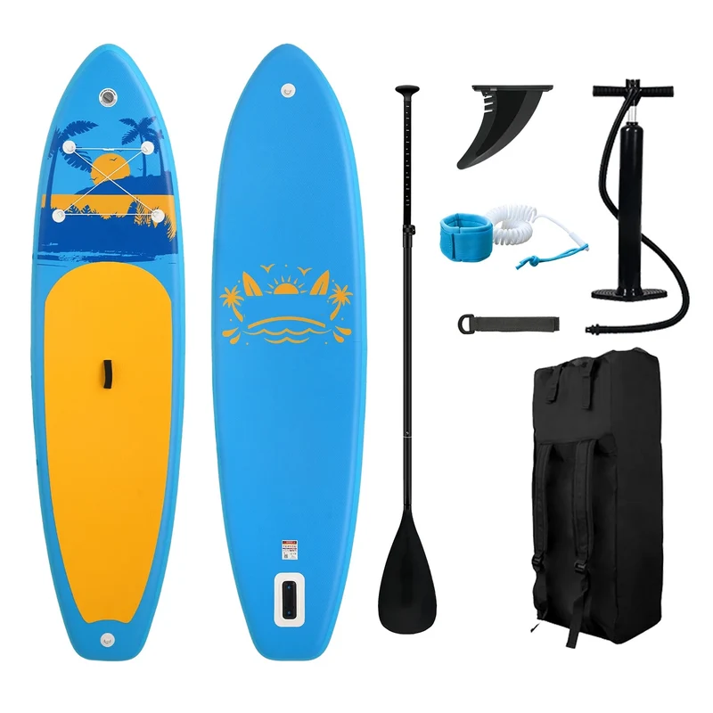 Supboard - Paddle Board - Peddelplank - Surfplank - Opblaasbaar - Inc. Peddel - Vin - Leash - Riem - Handpomp - Rugzak - 335 x 84 x 15 cm - Lichtblauw & Geel