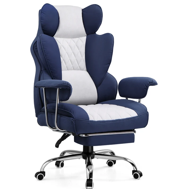 Ergonomische Bureaustoel - Gaming Stoel - Bureaustoelen Stoelen - met Pocketvering Rugsteun -Verstelbare Voetsteun - Comfortabele Brede Zitting - 90-135° Kanteling - met Armleuningen en Wieltjes - Wit-Blauw - Stof