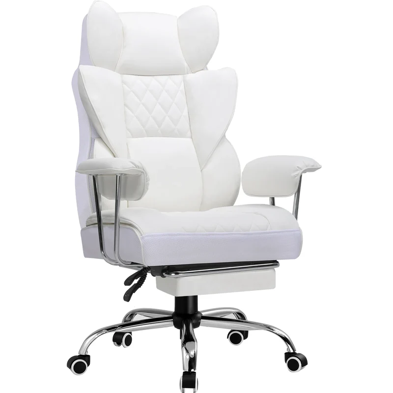 Ergonomische Bureaustoel - Gaming Stoel - Bureaustoelen Stoelen - met Pocketvering Rugsteun -Verstelbare Voetsteun - Comfortabele Brede Zitting - 90-135° Kanteling - met Armleuningen en Wieltjes - Wit - Stof
